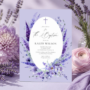 Invitación Bautismo Floral de Lavanda Elegante