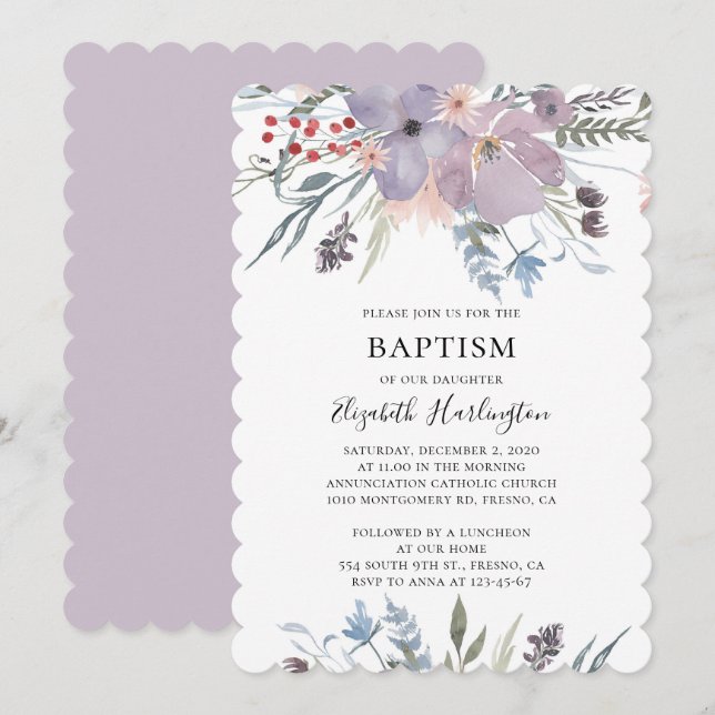 Invitación Bautismo floral de lavanda. Flores moradas. Botáni (Anverso / Reverso)