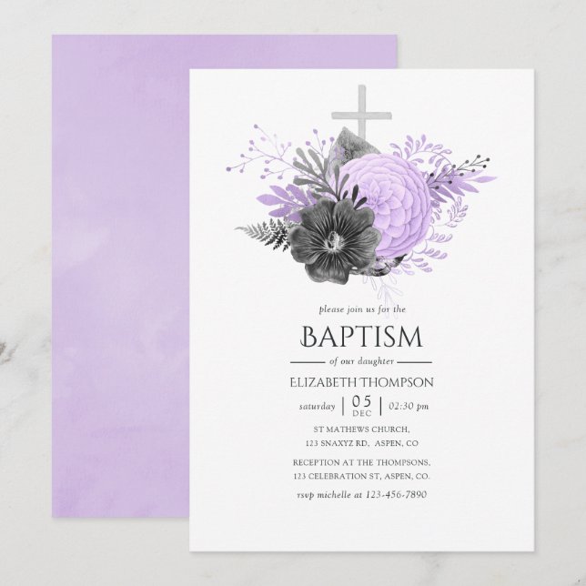 Invitación Bautismo floral de Lilac y Carbón (Anverso / Reverso)