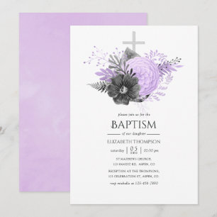Invitación Bautismo floral de Lilac y Carbón