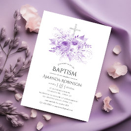 Invitación Bautismo floral de Lilac y Plata o cristianismo