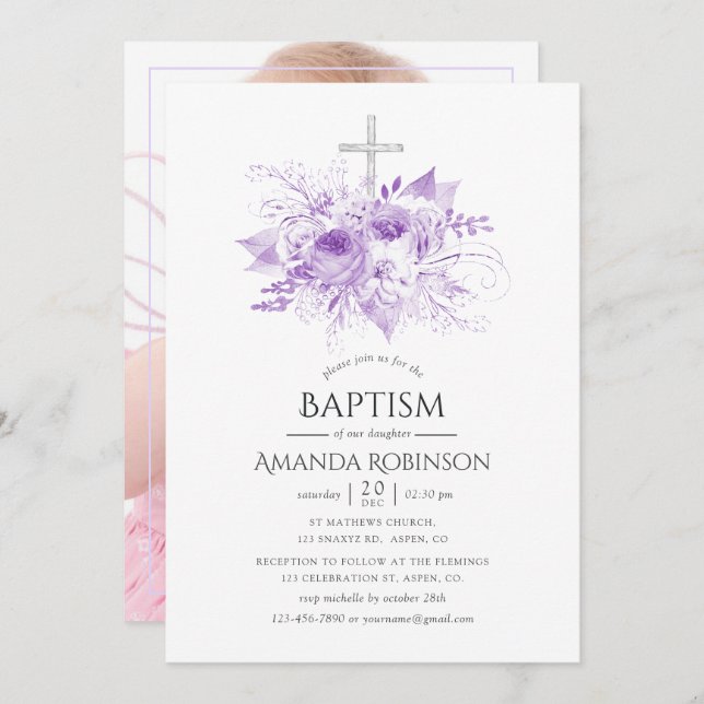 Invitación Bautismo floral de Lilac y Plata o Foto de cristia (Anverso / Reverso)