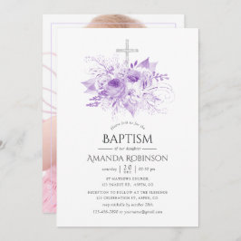 Invitación Bautismo floral de Lilac y Plata o Foto de cristia