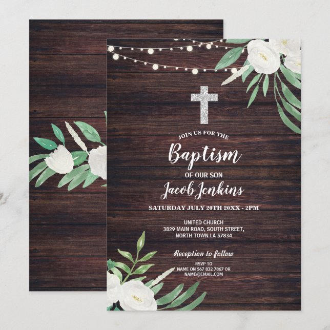 Invitación Bautismo floral de madera Flor verde Flor blanco (Anverso / Reverso)