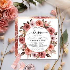 Invitación Bautismo, floral de oro Rosa