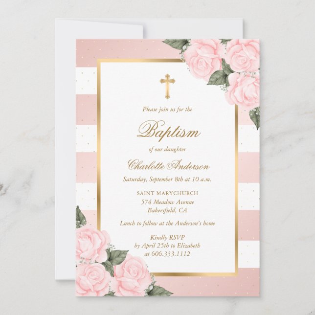 Invitación Bautismo floral de oro rosado de Rubor (Anverso)