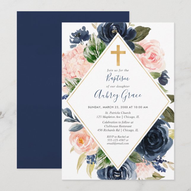 Invitación Bautismo floral de oro rubio de la marina (Anverso / Reverso)