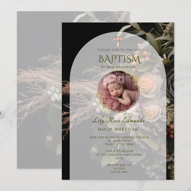 Invitación Bautismo floral de otoño verde (Anverso / Reverso)