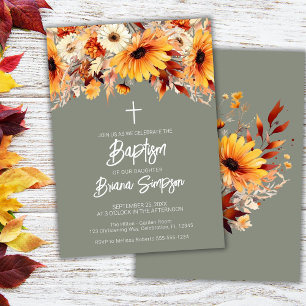 Invitación Bautismo floral de otoño verde