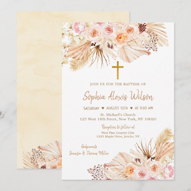 Invitación Bautismo floral de pampas Grass Boho (Anverso / Reverso)