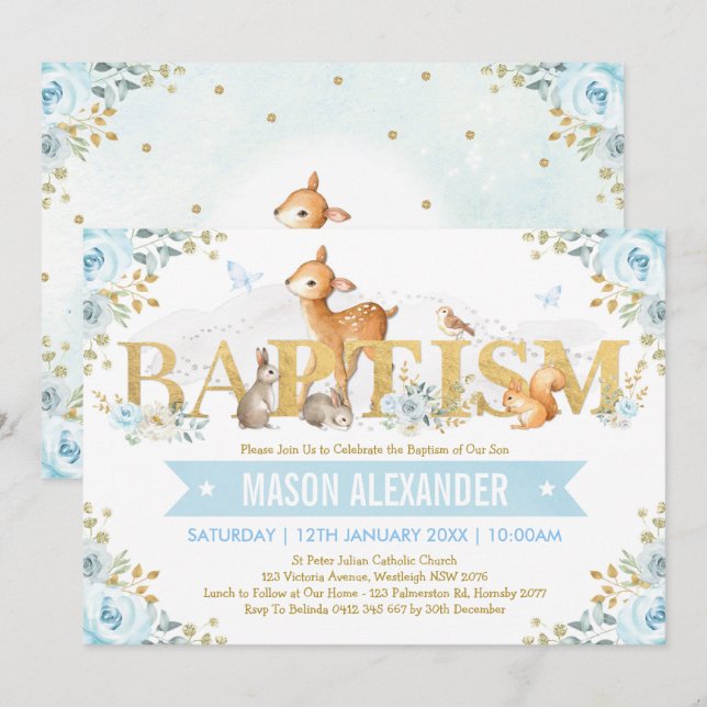 Invitación Bautismo floral del oro azul de los animales del (Anverso / Reverso)