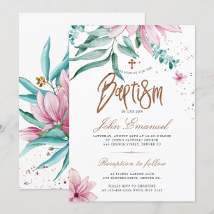 Invitación Bautismo floral elegante acuarela cruz