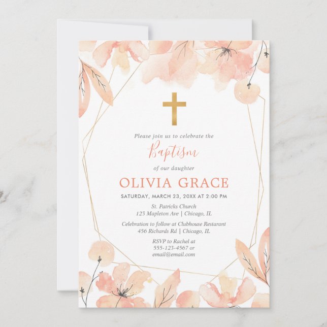 Invitación Bautismo floral elegante rosa y dorado de Rubor (Anverso)