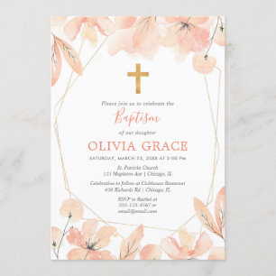 Invitación Bautismo floral elegante rosa y dorado de Rubor