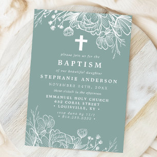 Invitación Bautismo Floral en Teal Polvoriento y Blanco