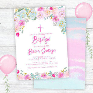 Invitación Bautismo Floral Flores Rosa Azul Melocotón Púrpura