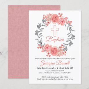 Invitación Bautismo floral gris rosado moderno de la cruz de
