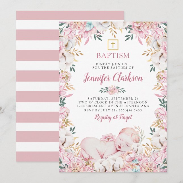 Invitación Bautismo floral neonatal (Anverso / Reverso)