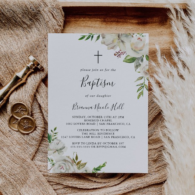 Invitación Bautismo floral Peony en invierno blanco (Subido por el creador)