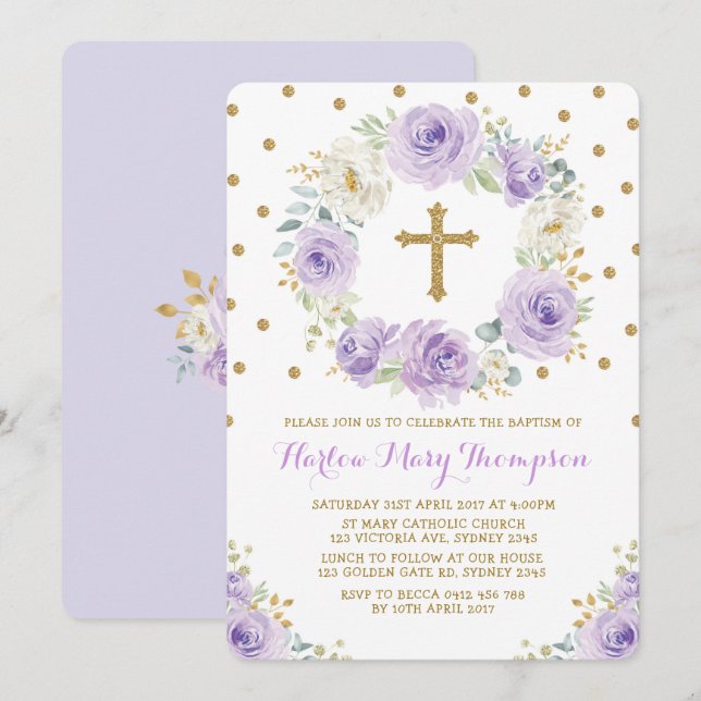 Invitación Bautismo floral Purple Gold (Anverso / Reverso)