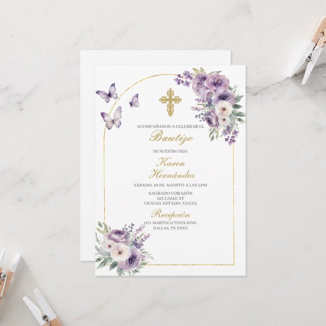 Invitación Bautismo floral púrpura español (Anverso/Reverso In Situ)