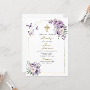 Invitación Bautismo floral púrpura español