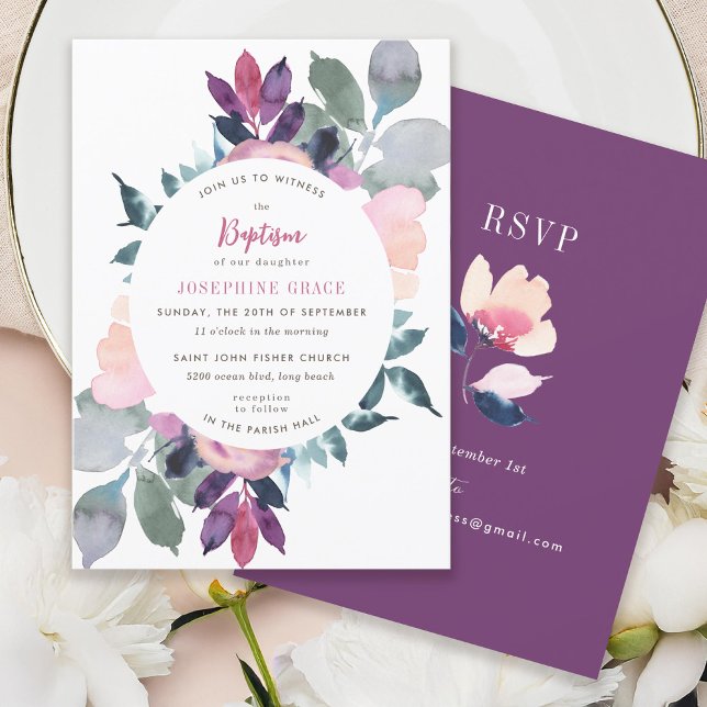 Invitación Bautismo floral púrpura moderno (Subido por el creador)