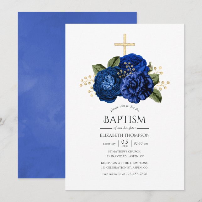 Invitación Bautismo floral real azul y oro (Anverso / Reverso)