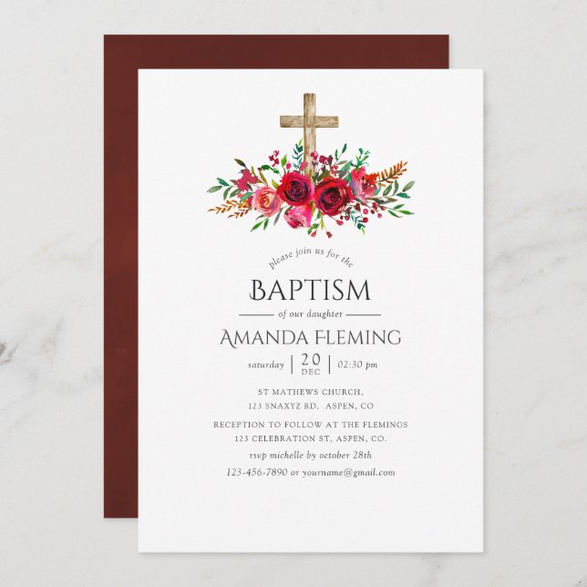 Invitación Bautismo floral rojo borgoñoso o cristianismo (Anverso / Reverso)