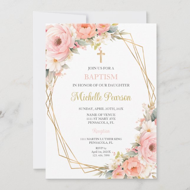 Invitación Bautismo floral rosa (Anverso)