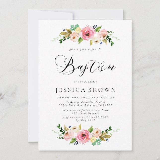 Invitación Bautismo floral rosa acuarela Bautismo floral (Anverso)