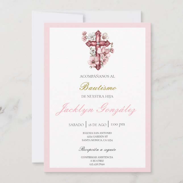 Invitación Bautismo floral rosa claro (Anverso)