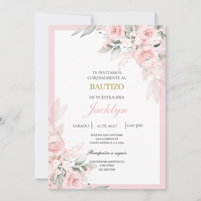 Invitación Bautismo floral rosa claro (Anverso)
