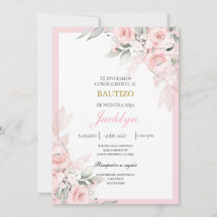 Invitación Bautismo floral rosa claro