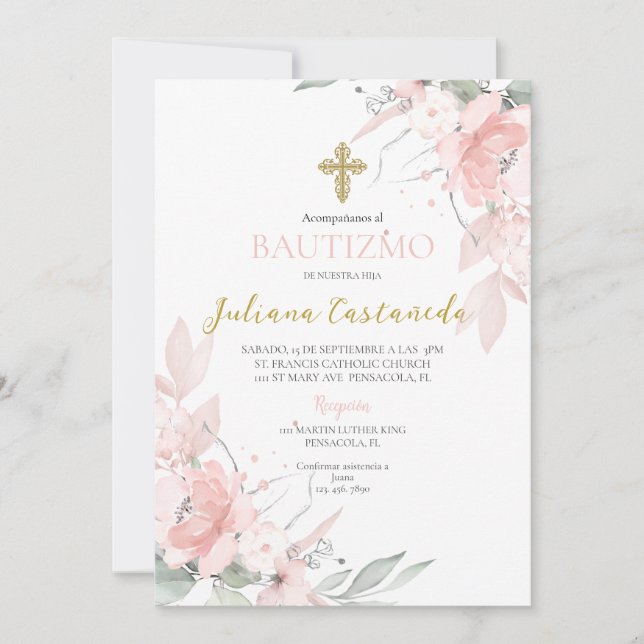 Invitación Bautismo floral rosa en espanol (Anverso)