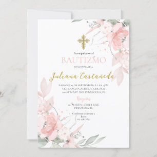 Invitación Bautismo floral rosa en espanol