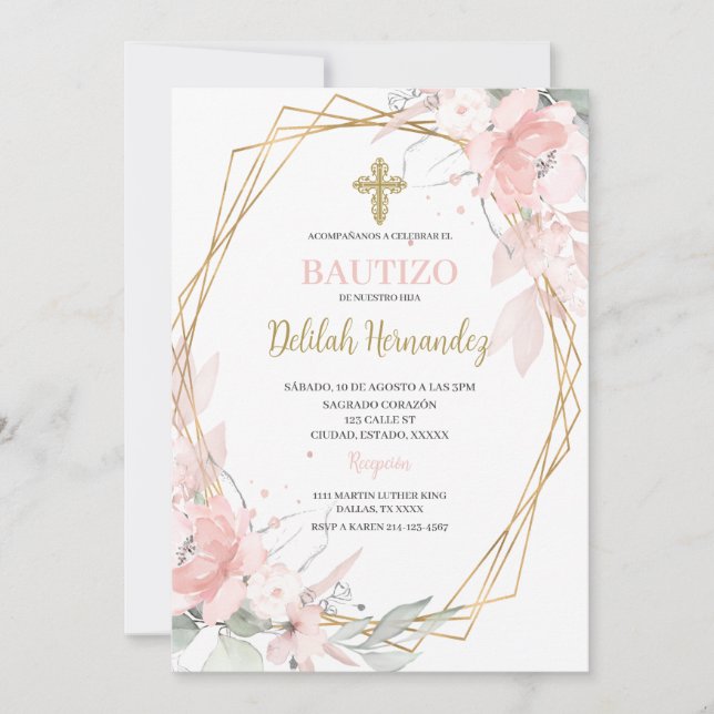 Invitación Bautismo floral rosa español (Anverso)