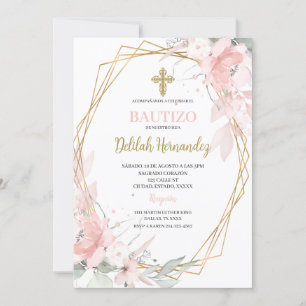 Invitación Bautismo floral rosa español