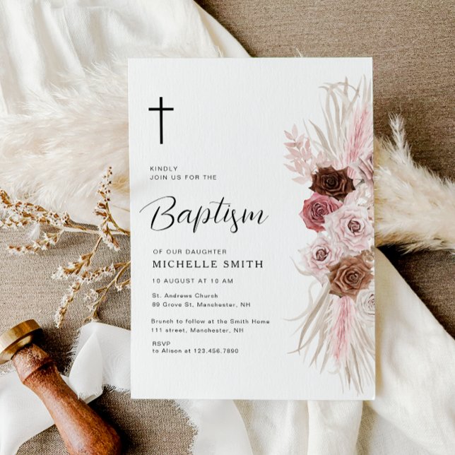 Invitación bautismo floral rosa polvoriento boho (Subido por el creador)
