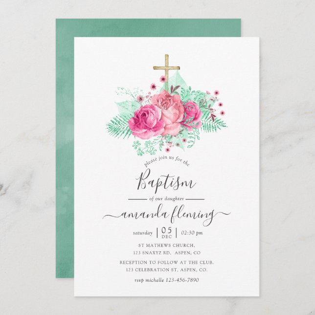 Invitación Bautismo floral rosa y de menta (Anverso / Reverso)