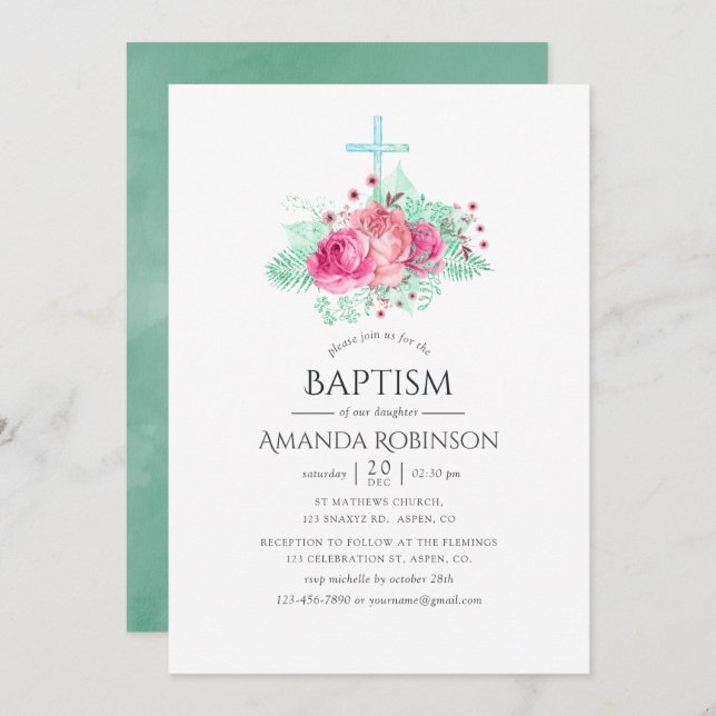 Invitación Bautismo floral rosa y de menta o cristianismo (Anverso / Reverso)