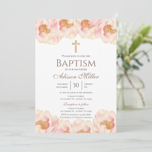 Invitación Bautismo floral rosado (Anverso de pie)