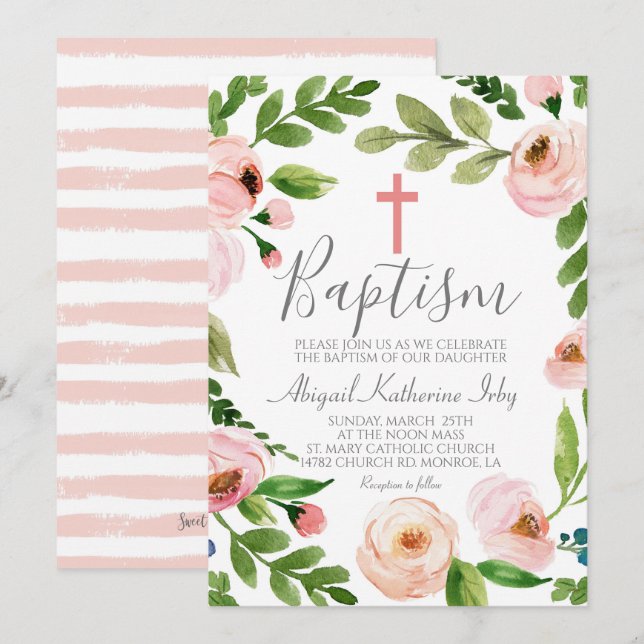 Invitación Bautismo floral rosado (Anverso / Reverso)