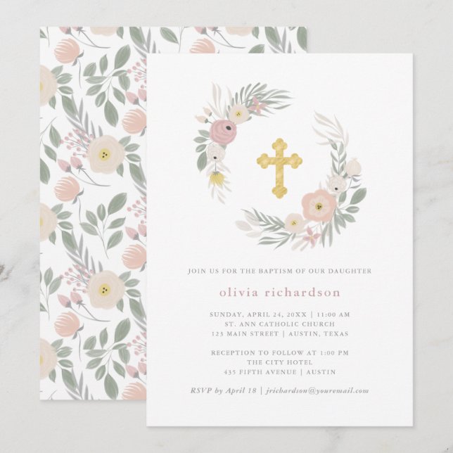 Invitación Bautismo floral rosado bonito de la guirnalda el | (Anverso / Reverso)