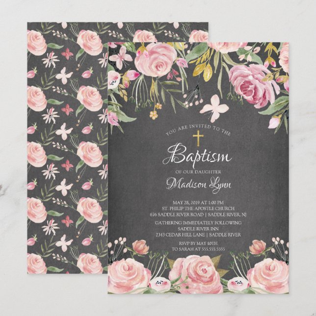 Invitación Bautismo floral rosado de Rubor en Chalkboard (Anverso / Reverso)