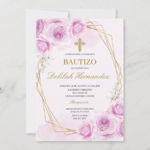 Invitación Bautismo floral rosado en España