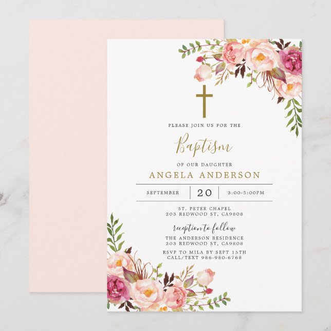 Invitación Bautismo floral rosado/Invitación a la cristiandad (Anverso / Reverso)