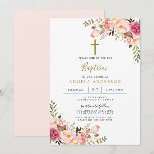 Invitación Bautismo floral rosado/Invitación a la cristiandad