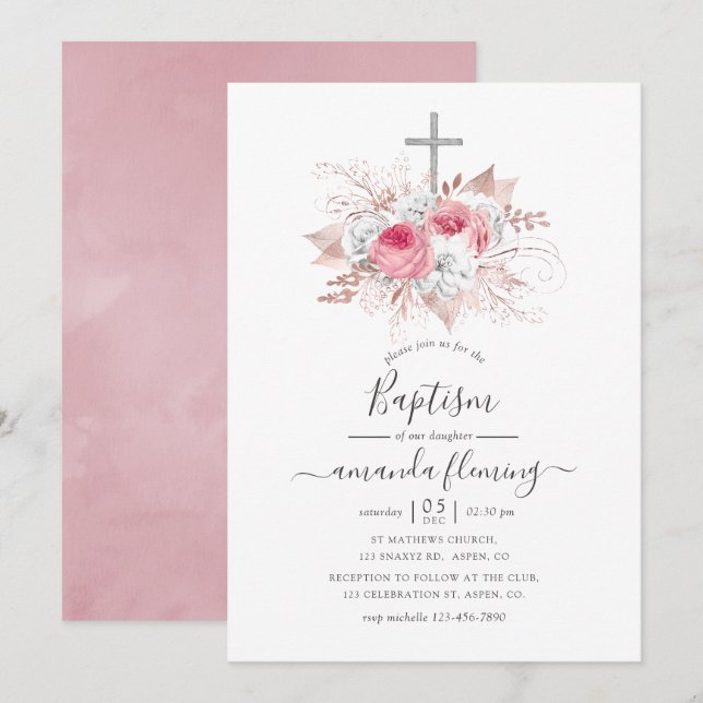 Invitación Bautismo floral rosado y Rosa (Anverso / Reverso)