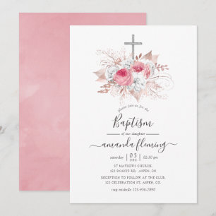 Invitación Bautismo floral rosado y Rosa